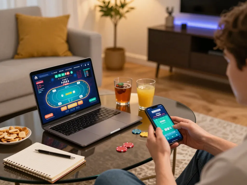 Player engaging with AU88 mobile app at home, showcasing online casino experience and gaming strategy