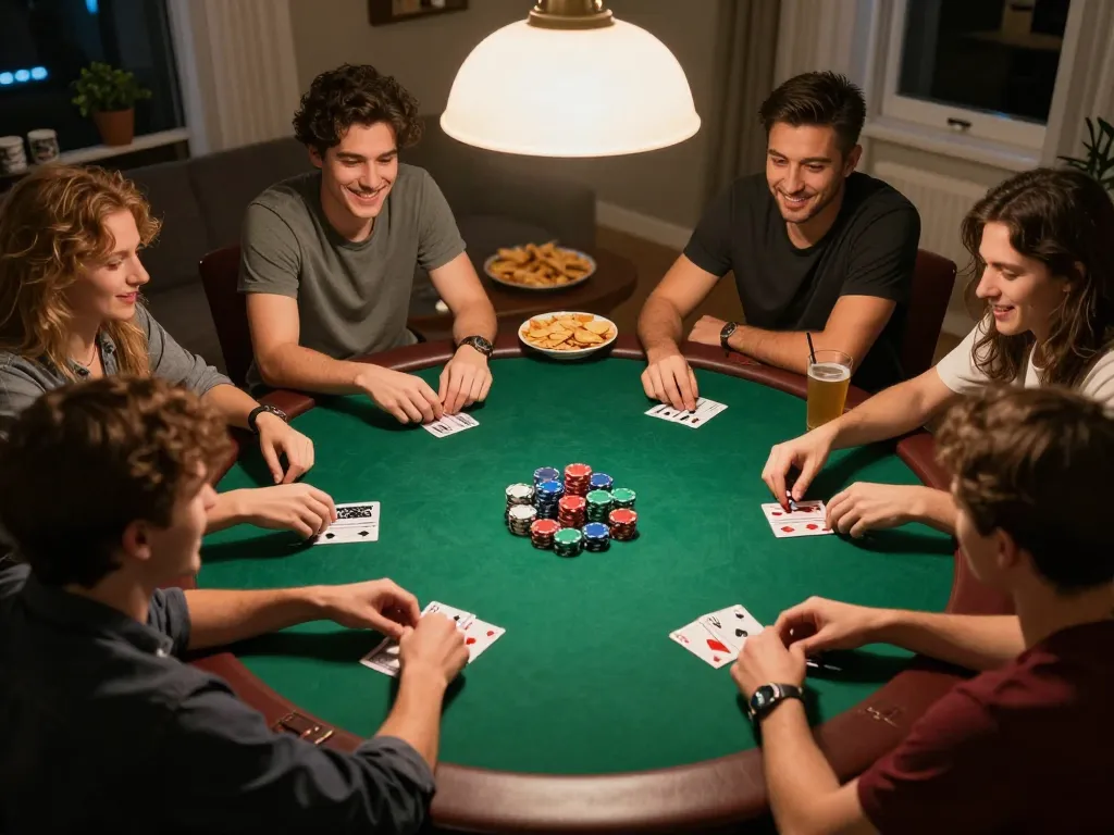 Teman-teman menikmati malam poker rumah yang intens dengan kartu SPBO 1 dan chip berwarna-warni.