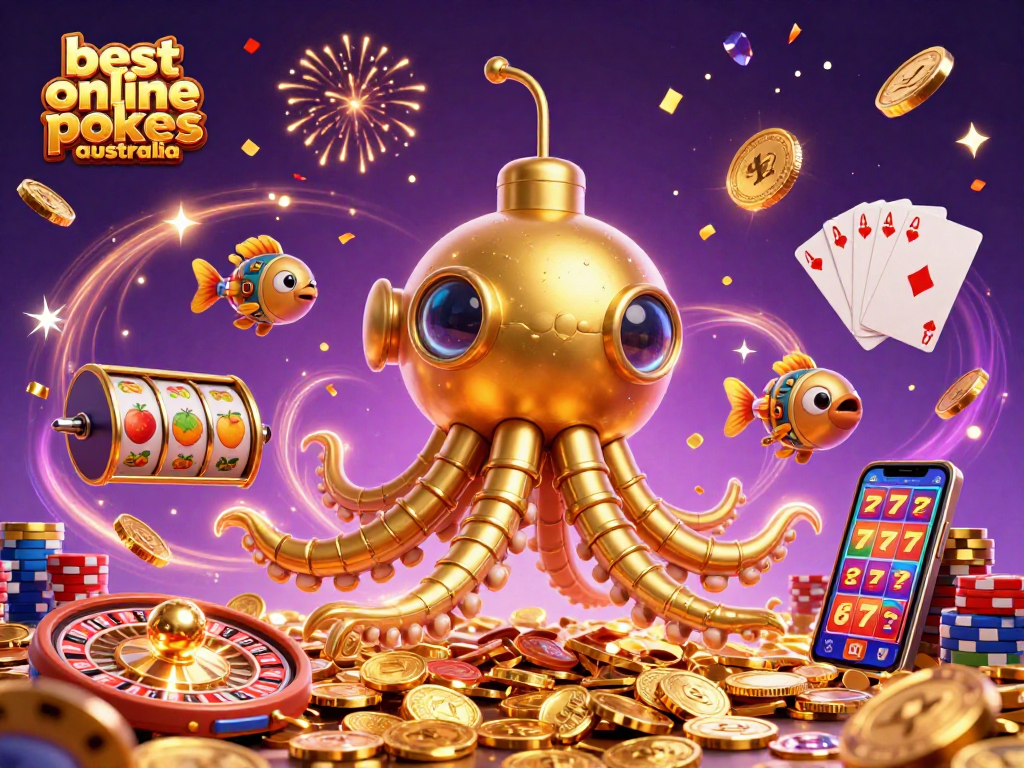 Experience top online pokies Australia through vibrant 3D illustration filled with gold coins and excitement.