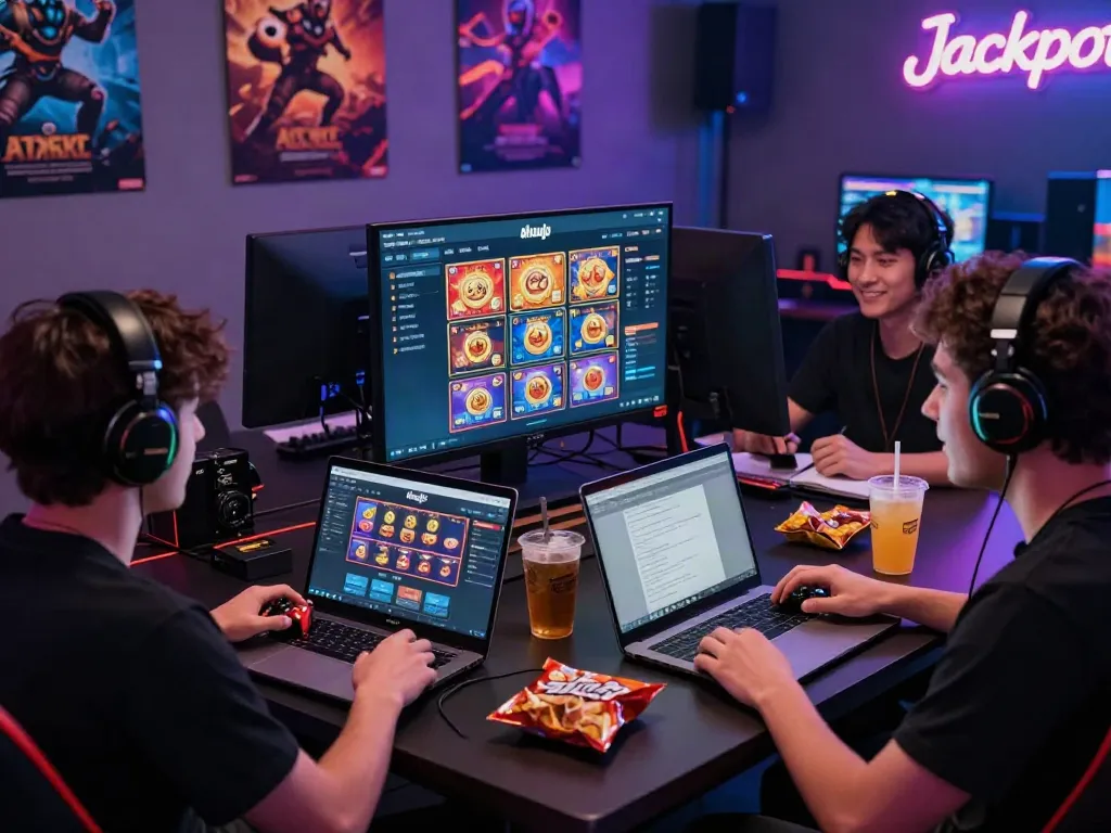 Akunjp gaming environment with players interacting around slot games.