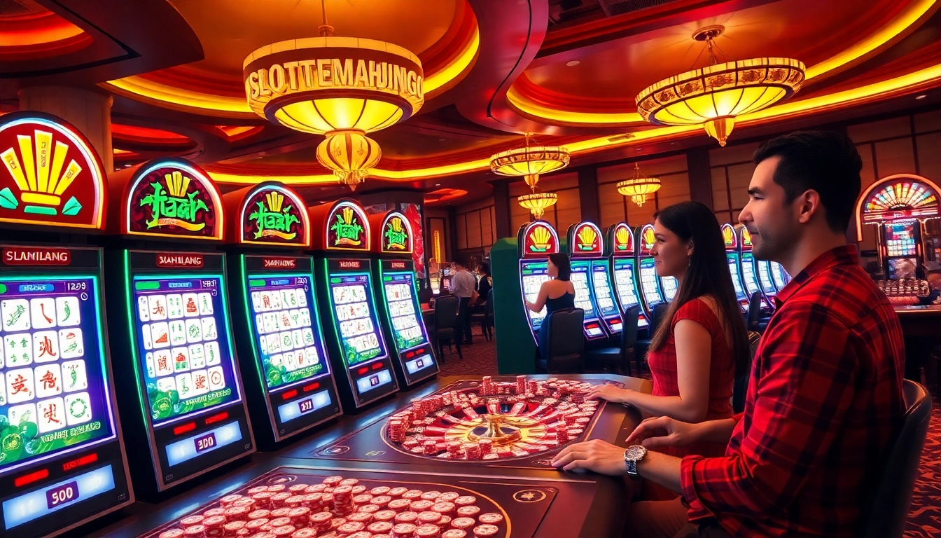 Excited players engaging with Slot Mahjong machines in a vibrant casino setting.