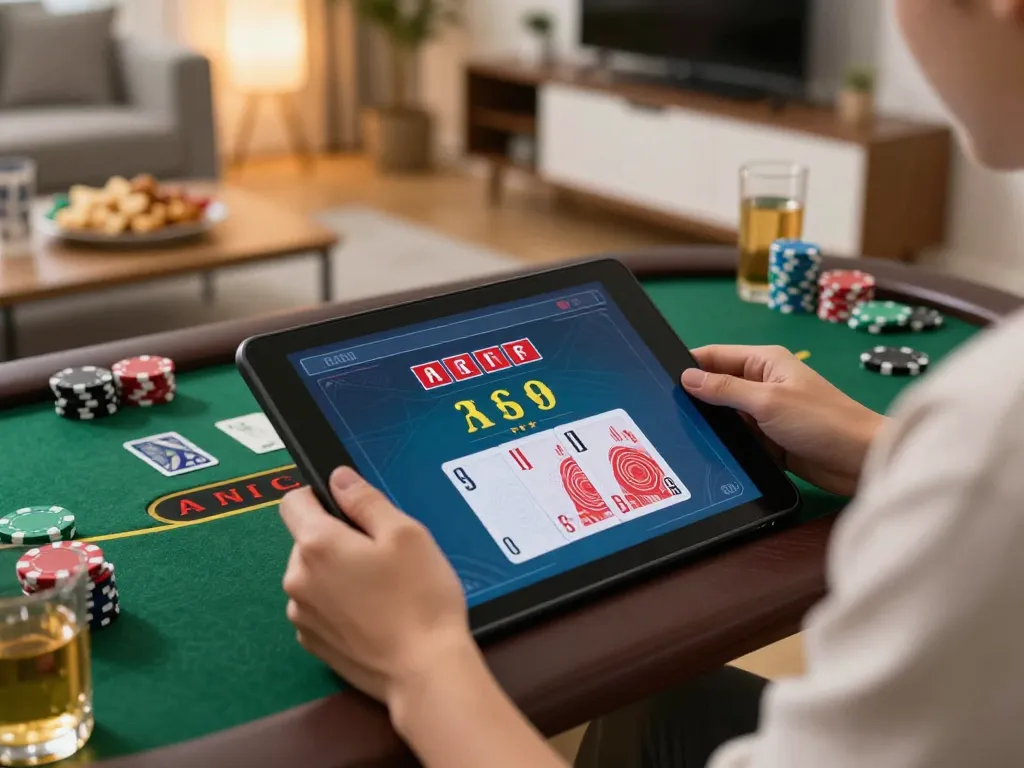 Engaging with online gaming on a tablet showcasing hm88 blackjack strategy in a cozy atmosphere