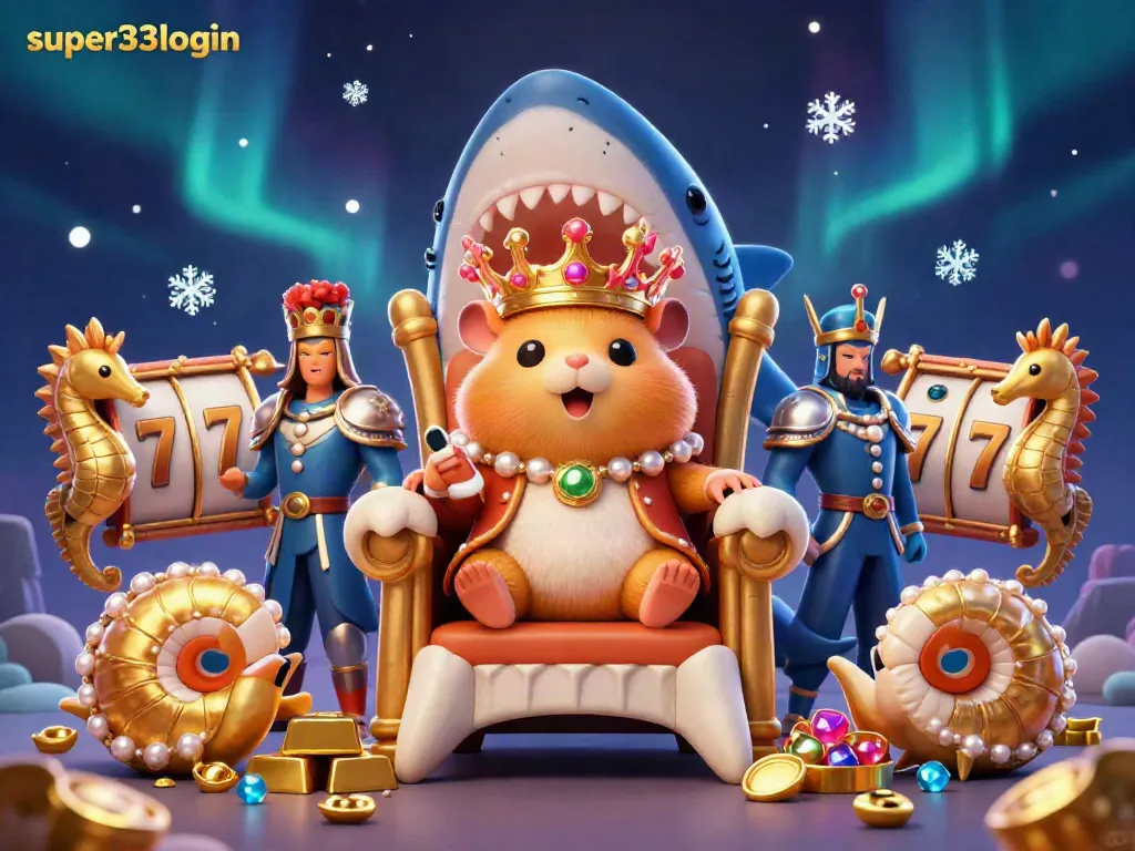 Play engaging games on super33login featuring a golden hamster king atop a megalodon throne in a treasure-filled scene.