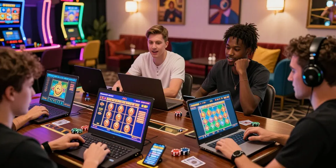 Online casino gaming experience at https://dea.org.uk with players engaging on devices, colorful slot game graphics, lively atmosphere.