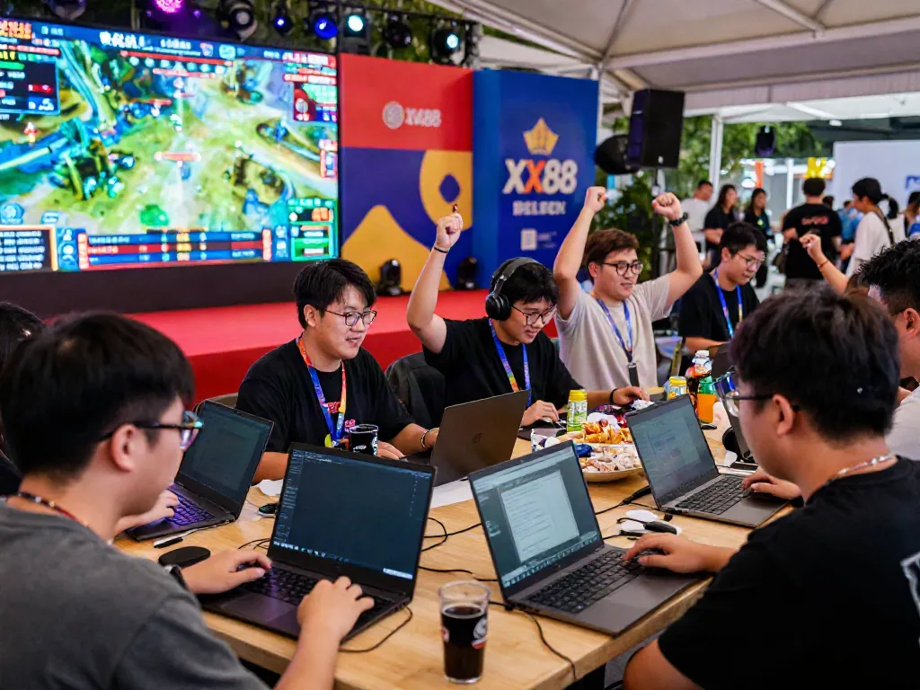 Engaging online gaming tournament at XX88 with live scores and attendees celebrating victories.
