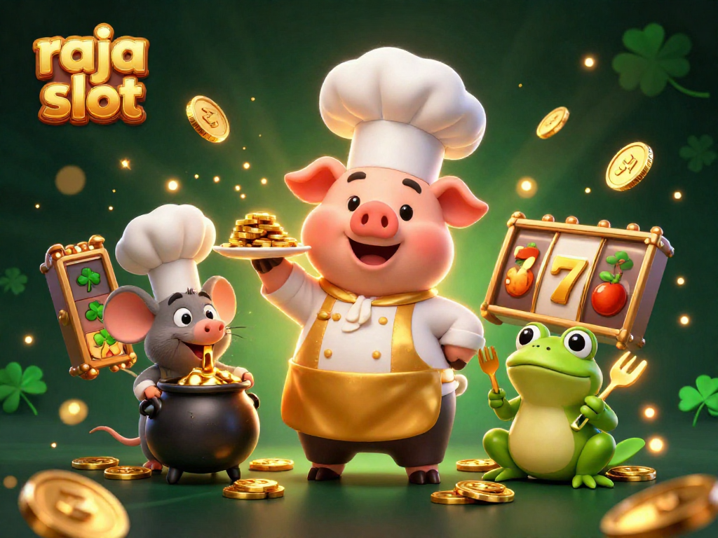 Experience raja slot with a vibrant scene of characters in a casino, showcasing coins, slot reels, and dynamic elements.