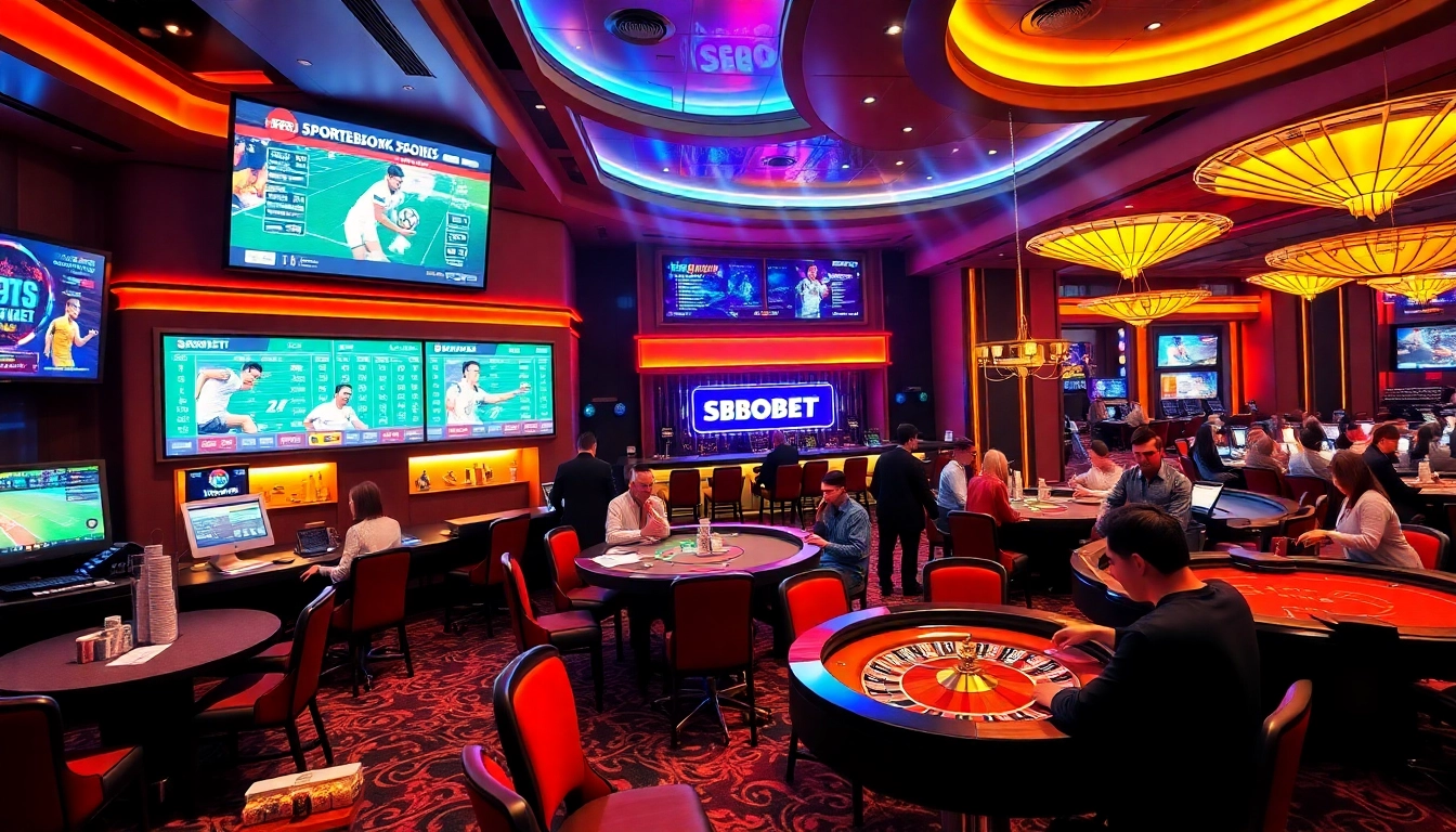 SBOBET sportsbook scene showcasing vibrant betting activity with modern screens and luxurious ambiance.