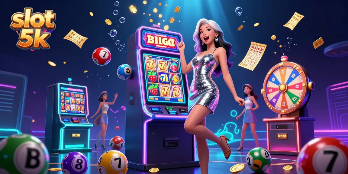 Experience the excitement of slot 5k with a jubilant Asian woman celebrating a jackpot at a casino.