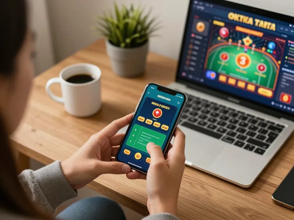 Using the okking app on a smartphone to enjoy online casino games in a cozy living space.