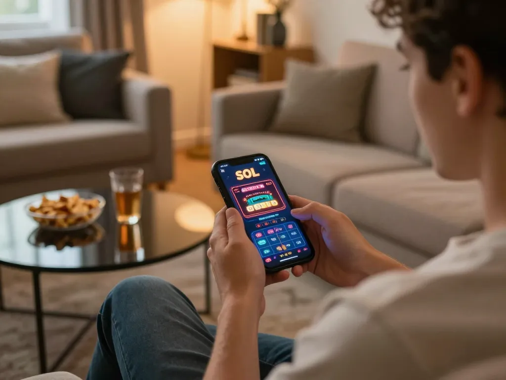 Playing on the mobile app of SOL casino in a cozy living room setting.