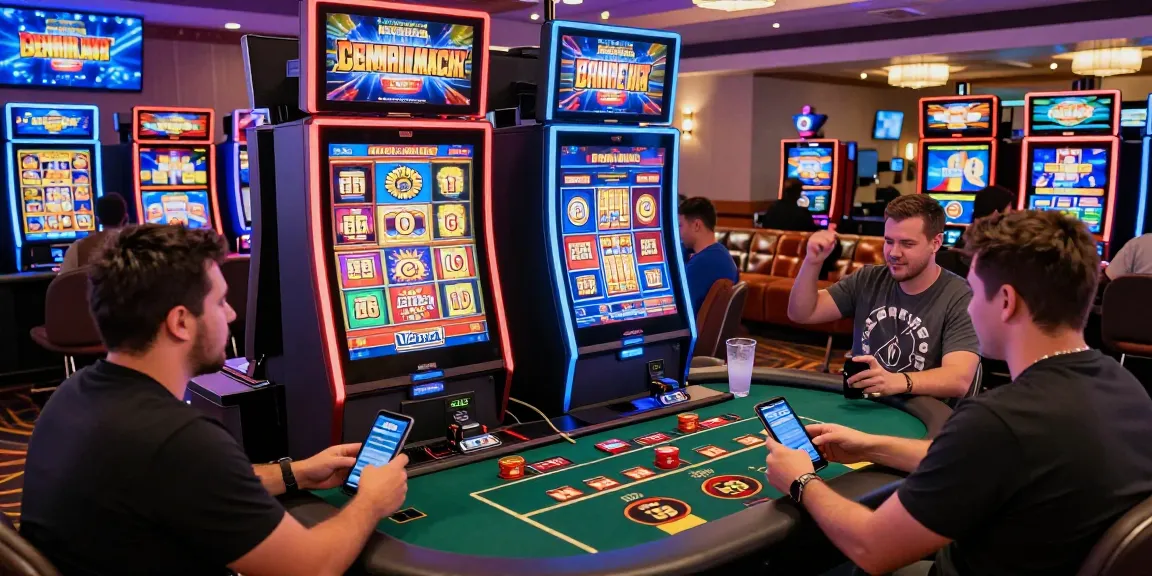 Dynamic scene at credit card casinos featuring players using Mastercard and Visa at gaming stations for instant fun on https://being-there.org.uk