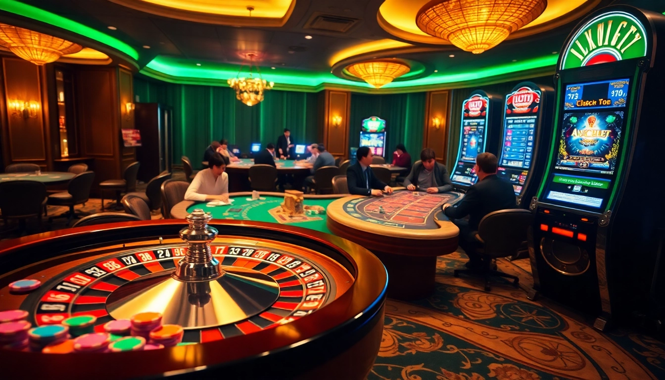 Engaging scene of LUCK8 casino gaming with vibrant roulette wheel and focused players.