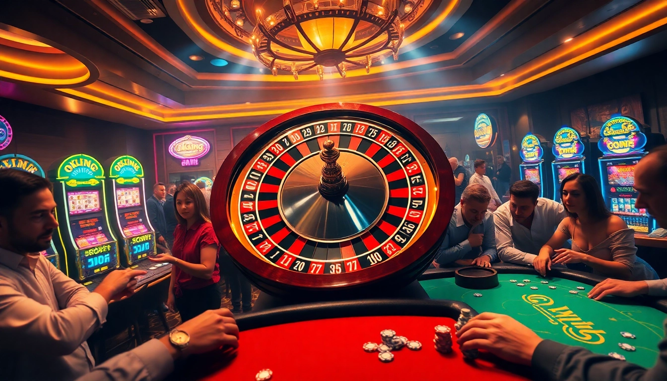 Excited gamblers playing around a roulette wheel at a luxurious casino - Okking theme.