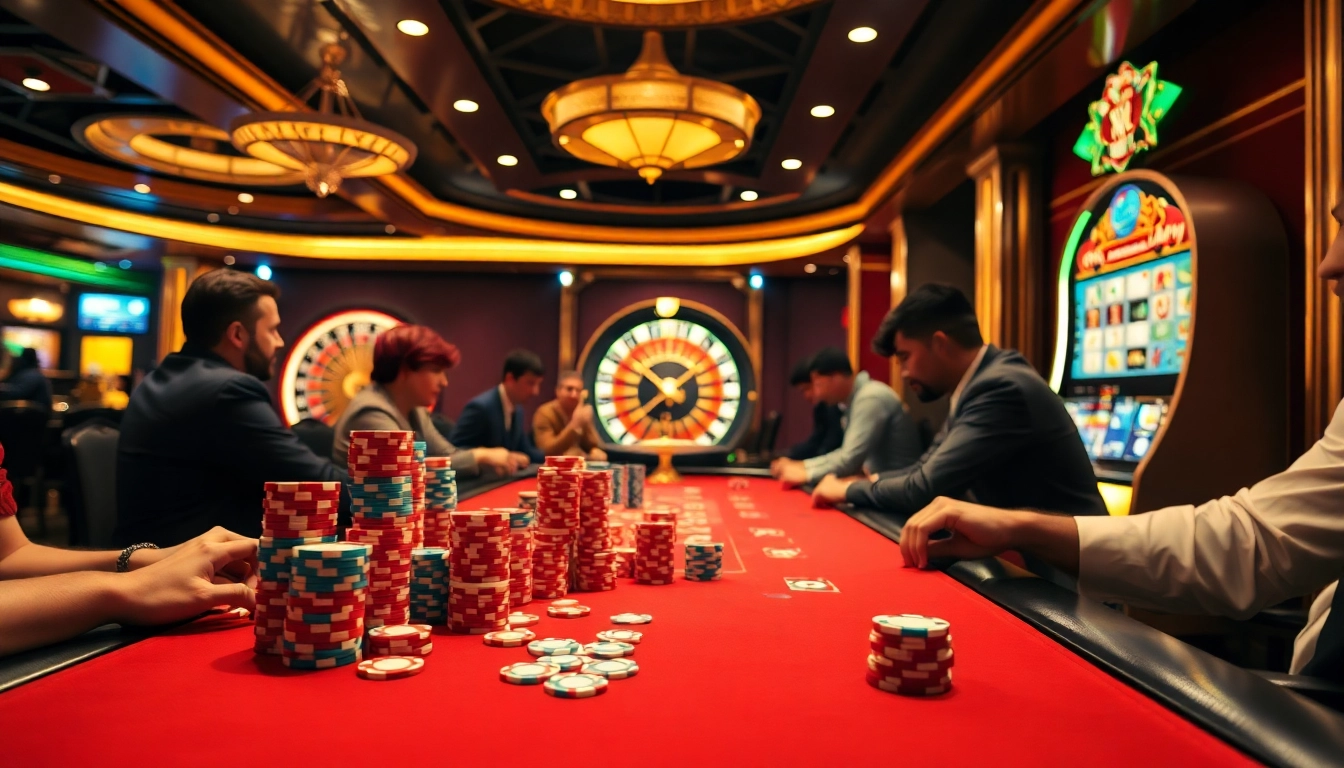 Experience the thrill of garuda slot at a vibrant casino table with colorful poker chips and a roulette wheel.