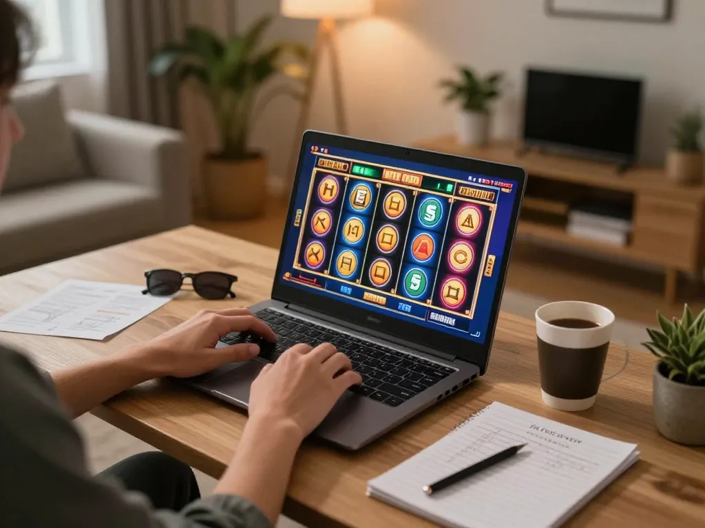Engaging with to288 online slots on a laptop, showcasing vibrant graphics and a cozy gaming environment
