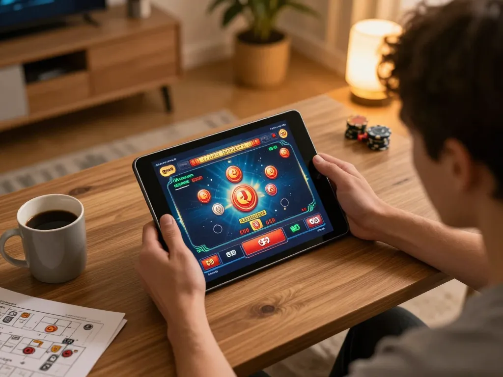 Engaging in Qh99 casino gameplay at home with tablet, showcasing responsible gaming practices