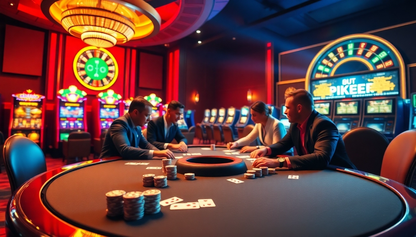 Experience the rich atmosphere of gambling at rikbet with poker tables and vibrant slot machines.