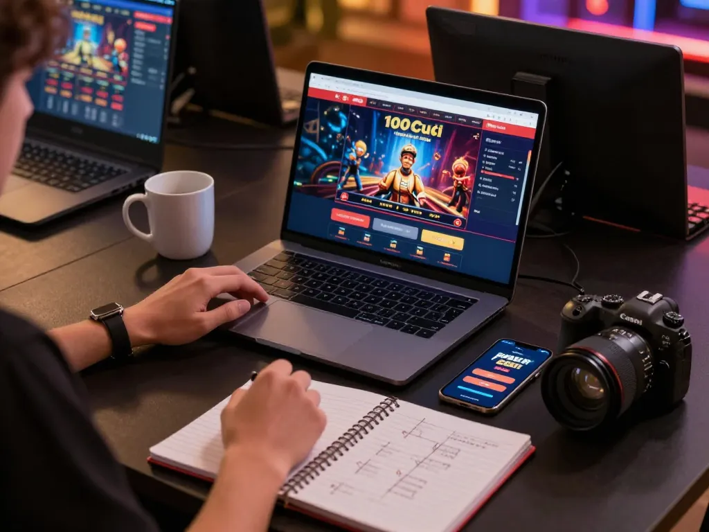 Permainan kasino dalam talian yang menarik dengan kredit percuma RM50 tiada deposit ditunjukkan di komputer riba, suasana yang mengundang untuk perjudian yang bertanggungjawab.
