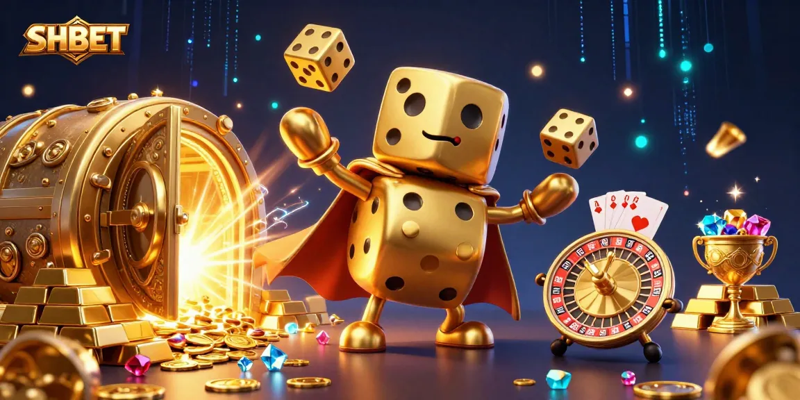 Experience the excitement of SHBET gaming with a vibrant 3D casino scene featuring captivating dice and treasures.
