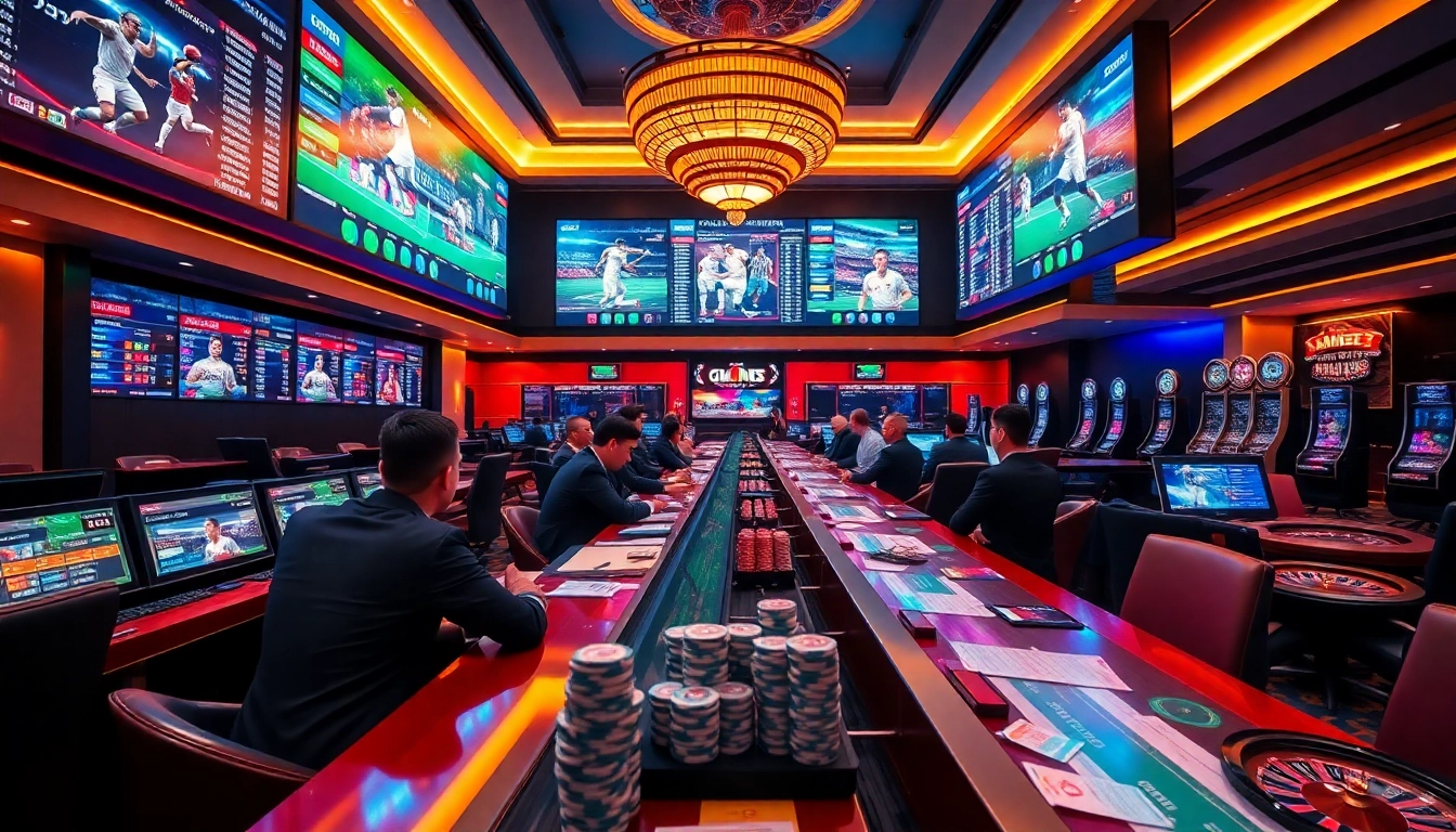 Professional bettors analyzing real-time data on Nhà cái cá cược thể thao with vivid sportsbook terminals and betting slips