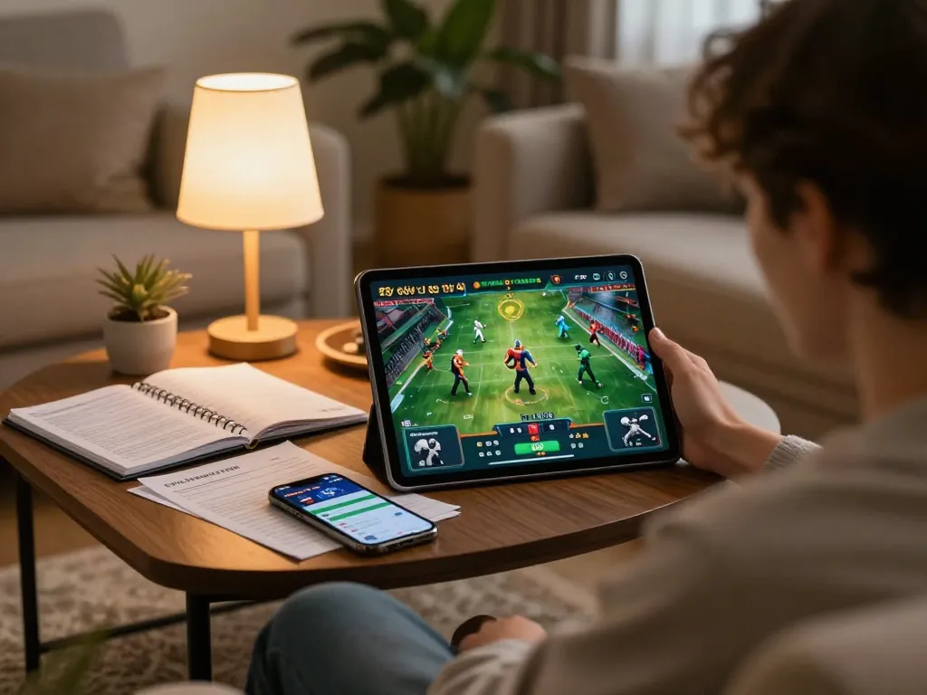 Tỷ lệ kèo trực tuyến displayed on tablet during online betting in a cozy living room atmosphere.