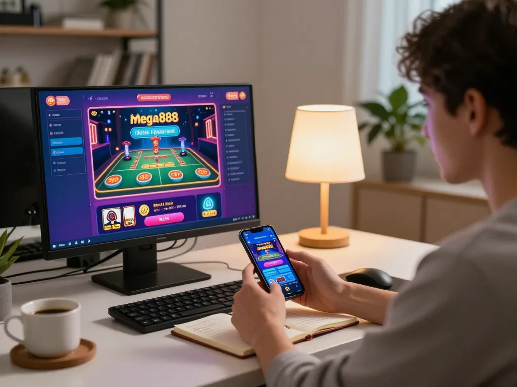 Engaged user downloading mega888 apk on smartphone, enjoying online casino gaming in a cozy home environment