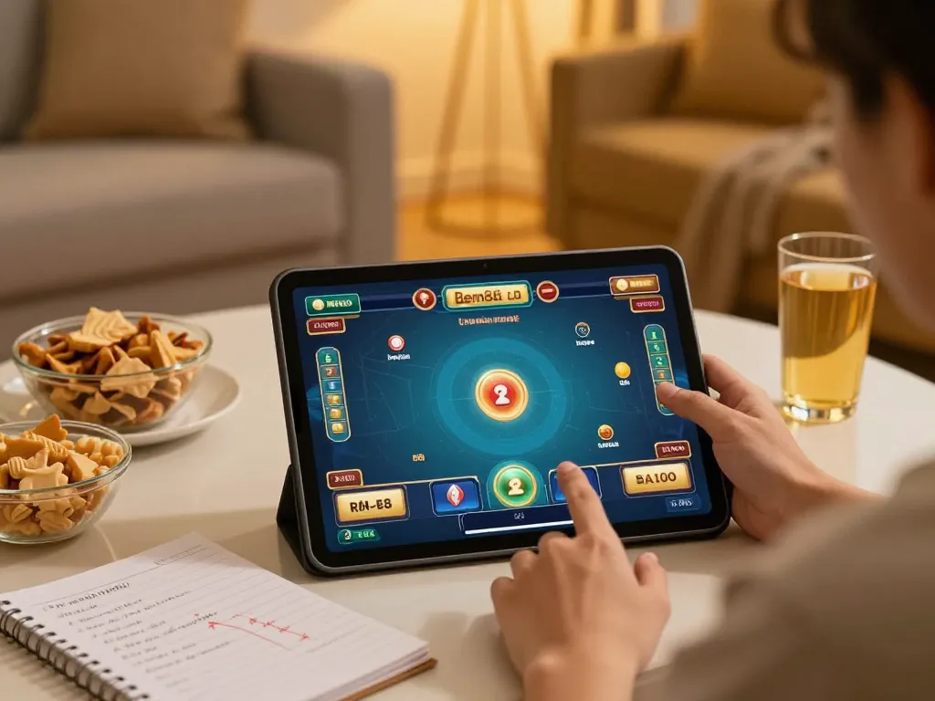 Engaging in online gaming at bem88 nhà cái with a tablet in a cozy home setting.