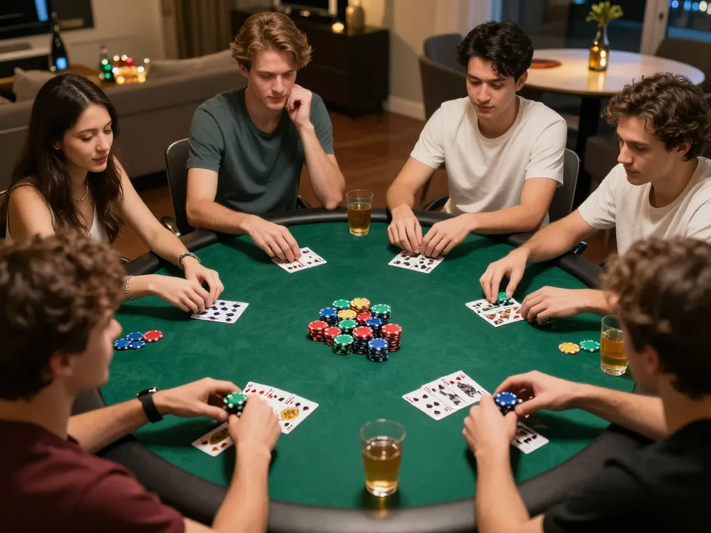 Kuwin 789 players enjoying an intense poker night with chips and cards in hand.