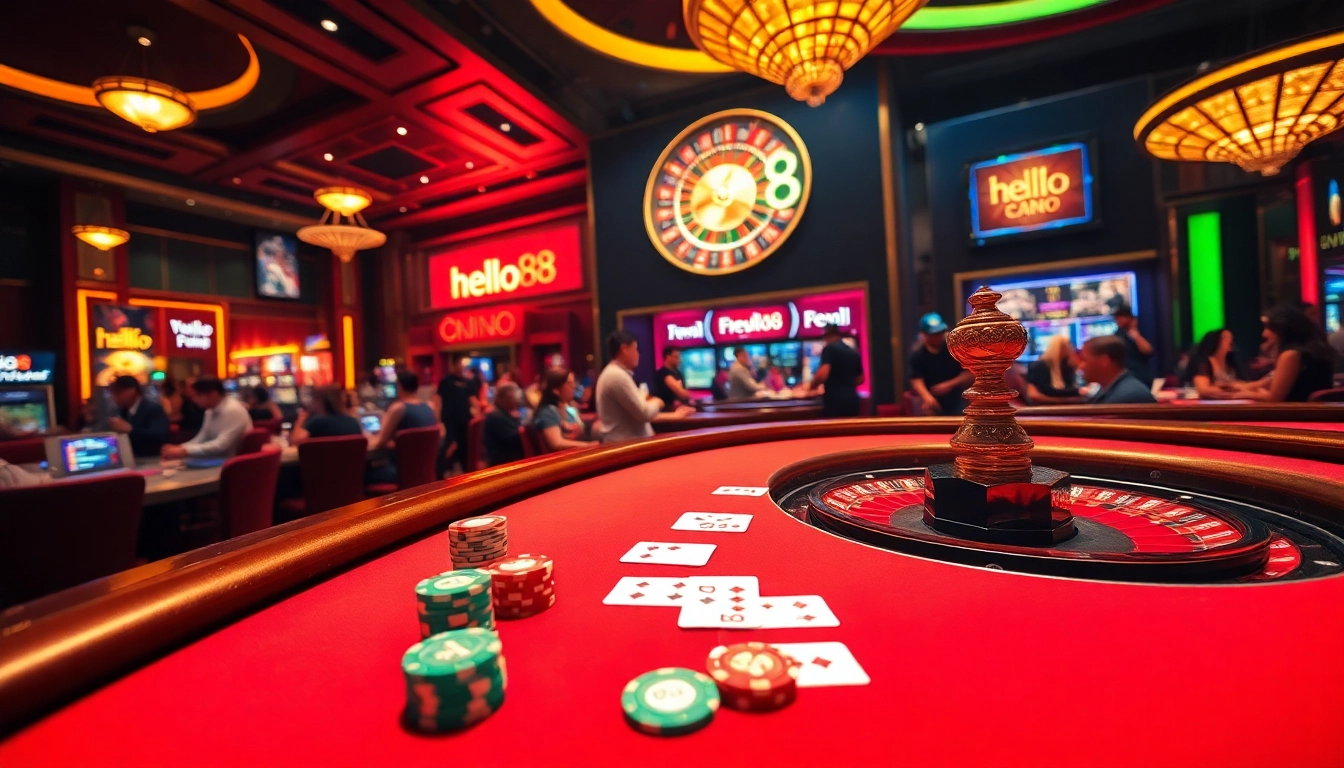 Hello88 captures the elegance of online casino gaming with vibrant tables filled with players.