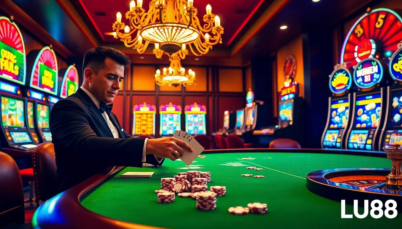 Experience the thrill of LU88 with professional dealers at elegant casino tables, vibrant slot machines, and exciting gameplay.