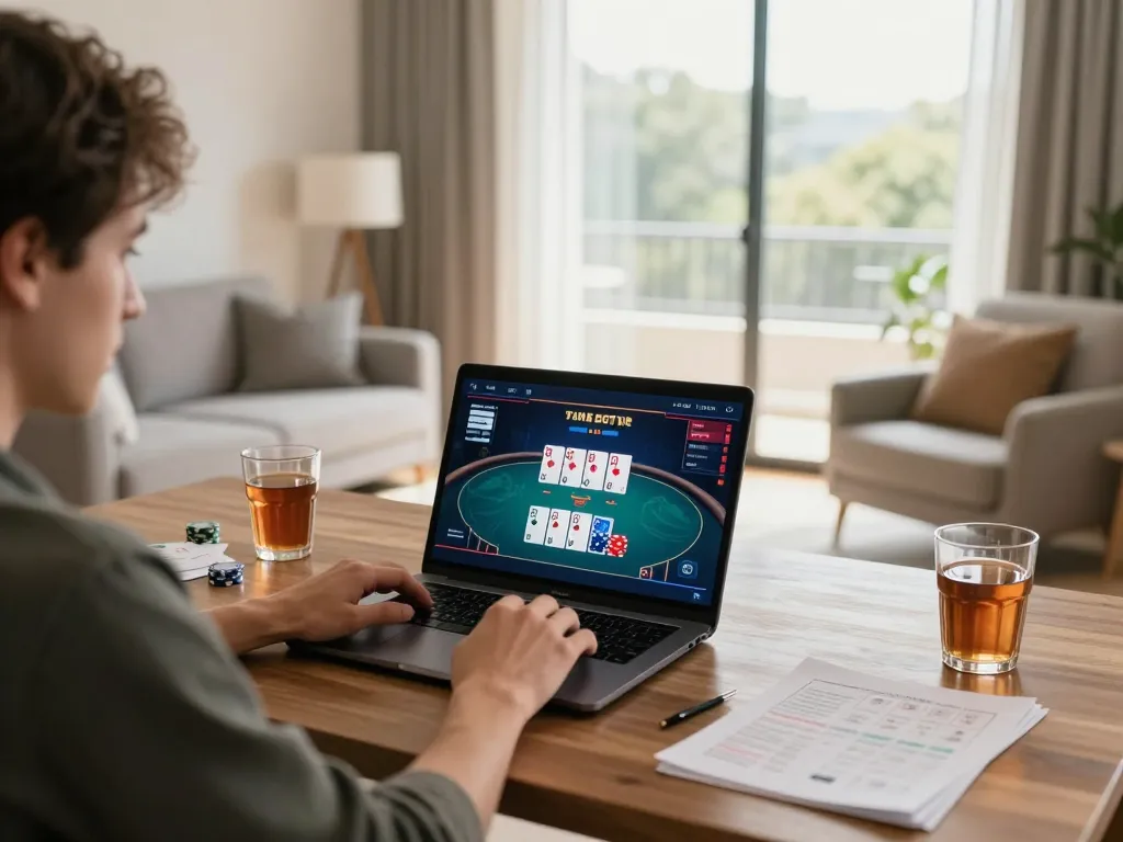 Player enjoying a bk8 online poker game at home, with vibrant graphics and strategic notes visible.