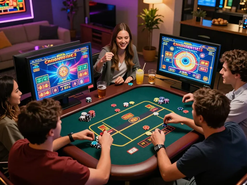 Engaging players enjoying Situs Slot gaming together at home, showcasing vibrant slot action.