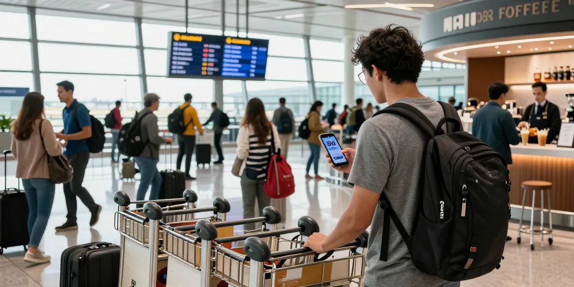 Traveler checking AA 88 flight status in busy airport terminal with vibrant energy.