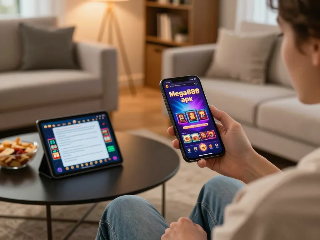 Engage with the mega888 apk while enjoying a cozy home gaming setup with snacks.