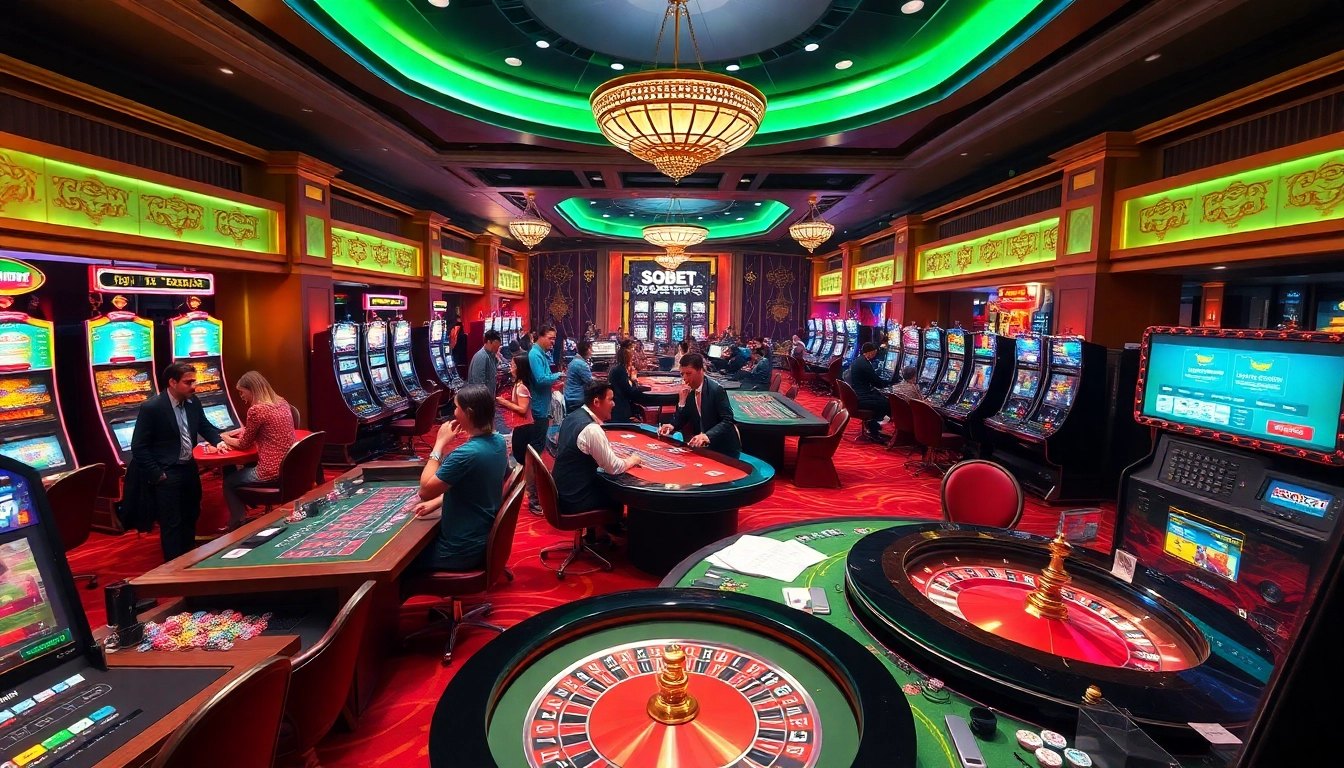 SBOBET betting enthusiasts enjoying a lively casino atmosphere filled with tables and slot machines.
