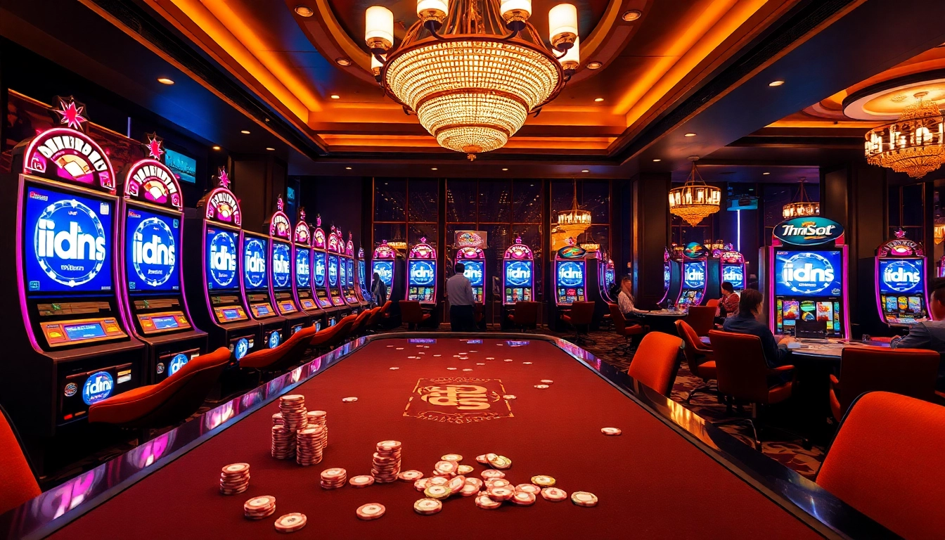 Players enjoying the excitement of idnslot at a luxurious casino, complete with vibrant slot machines and colorful chips.
