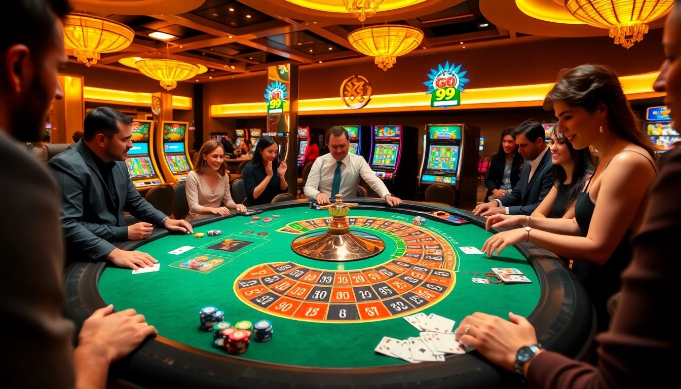 Engaged players experiencing Go 99 excitement at a vibrant roulette table in a luxurious casino.