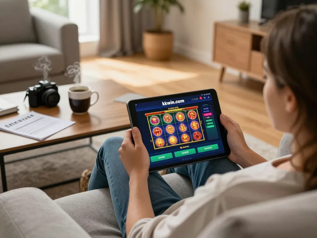 Engaging with kkwin.com casino app for strategic mobile gaming at home, showcasing vibrant slot games.