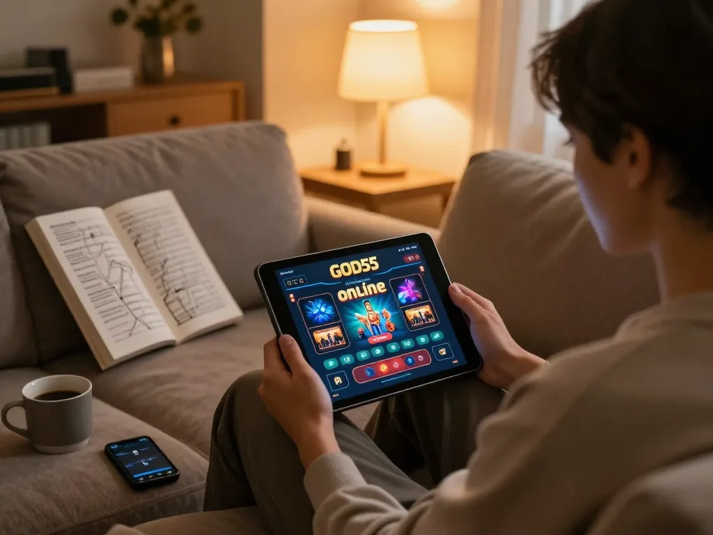 Engaging player using God55 tablet for online casino action in a cozy home setup
