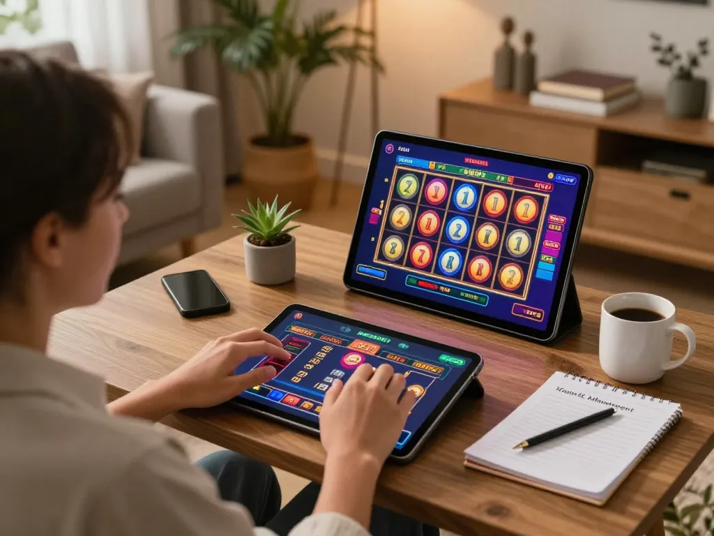 Engaged player using JudiGSC for online casino games on tablet, showcasing spinning slots and strategic elements.