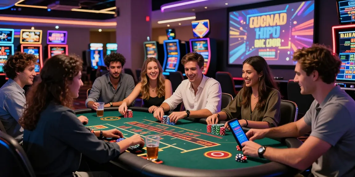 Engaging scene of friends playing at the best new online casinos, showing excitement and fun in a modern casino setting.