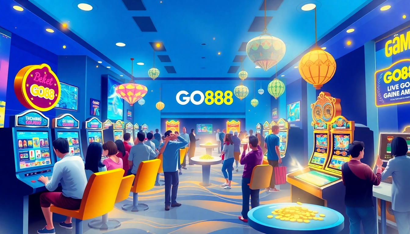 GO88 online gaming scene with diverse players engaged in an immersive gaming experience on vibrant digital interfaces.