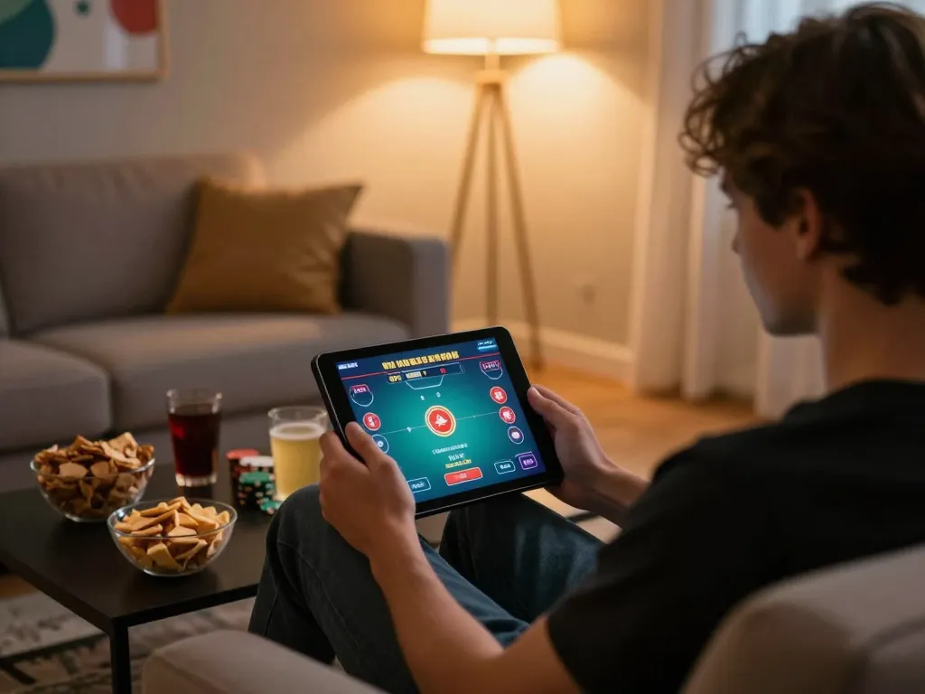 Engaging in online gameplay by tải app tr88 on a tablet in a cozy home setup