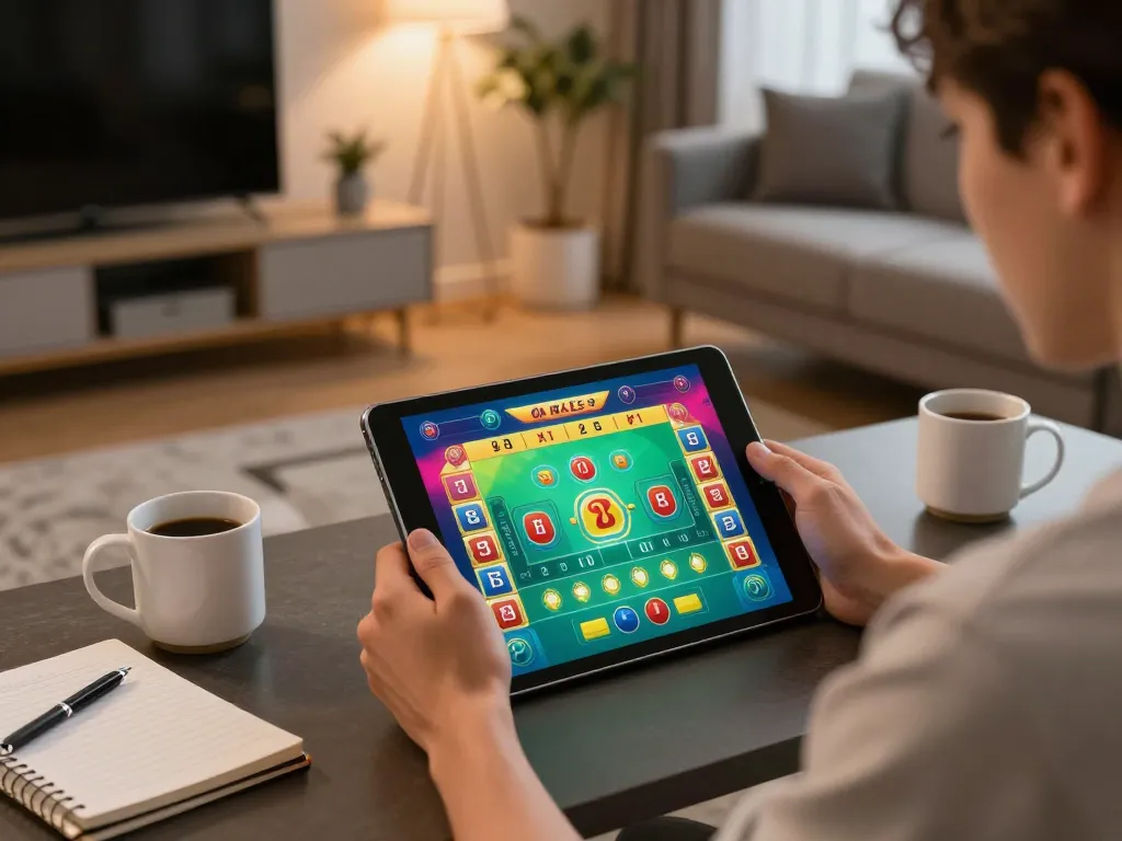 Tài xỉu online gameplay displayed on a tablet in a cozy home setup with warm lighting.