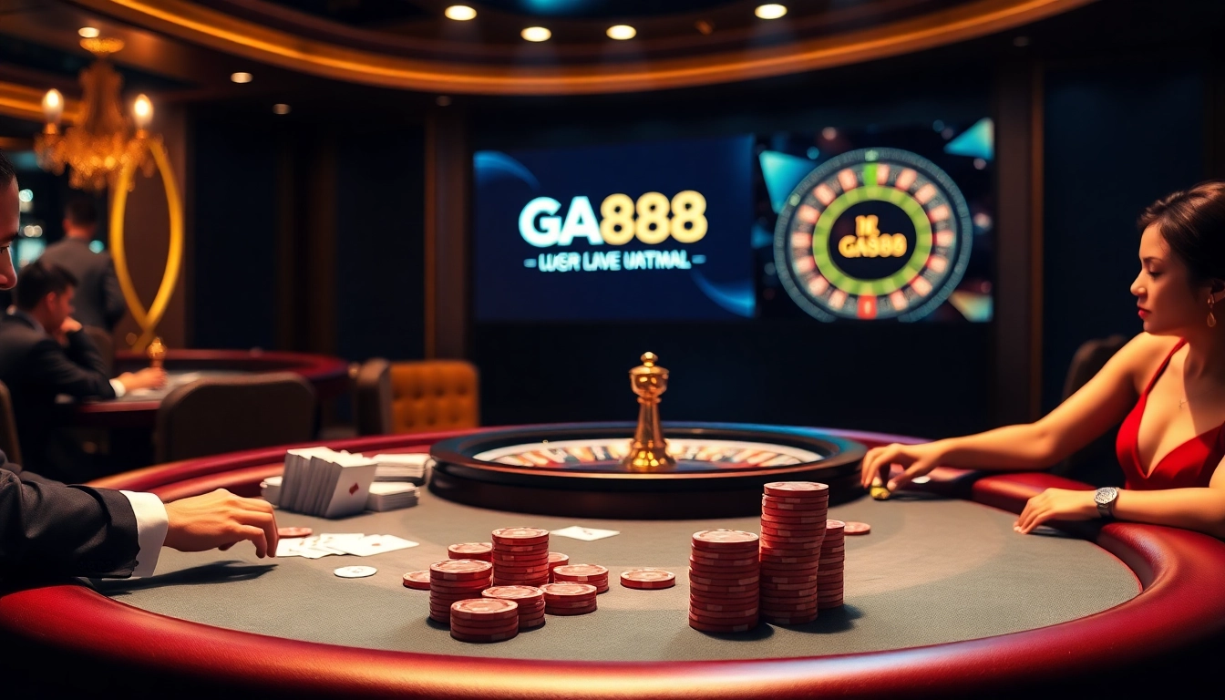 Players engaging at a GA888 casino table, showcasing excitement and elegance in a luxurious setting.