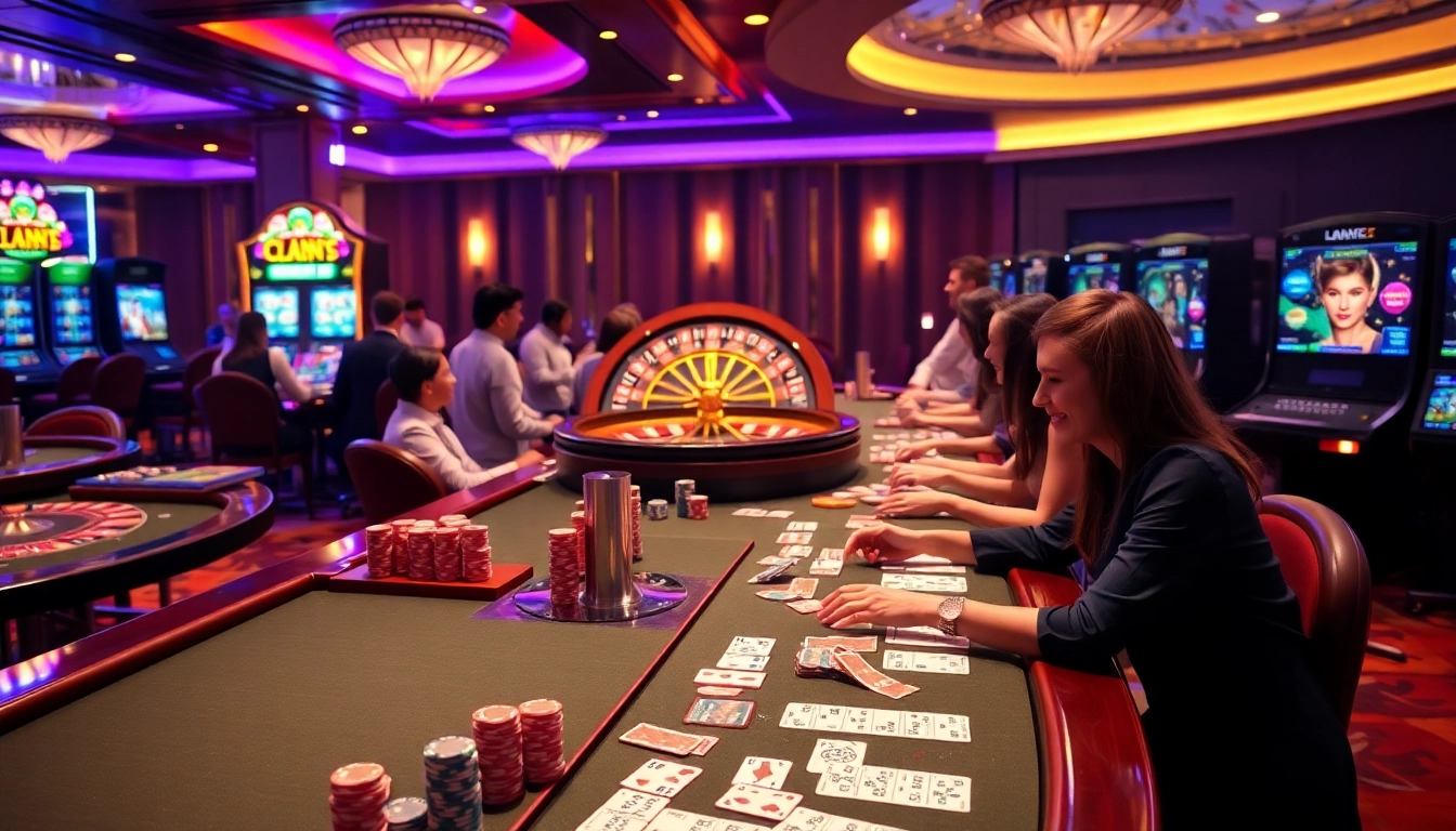 Thrilling casino atmosphere at HITCLUB with vibrant tables, roulette wheel, and excited players.