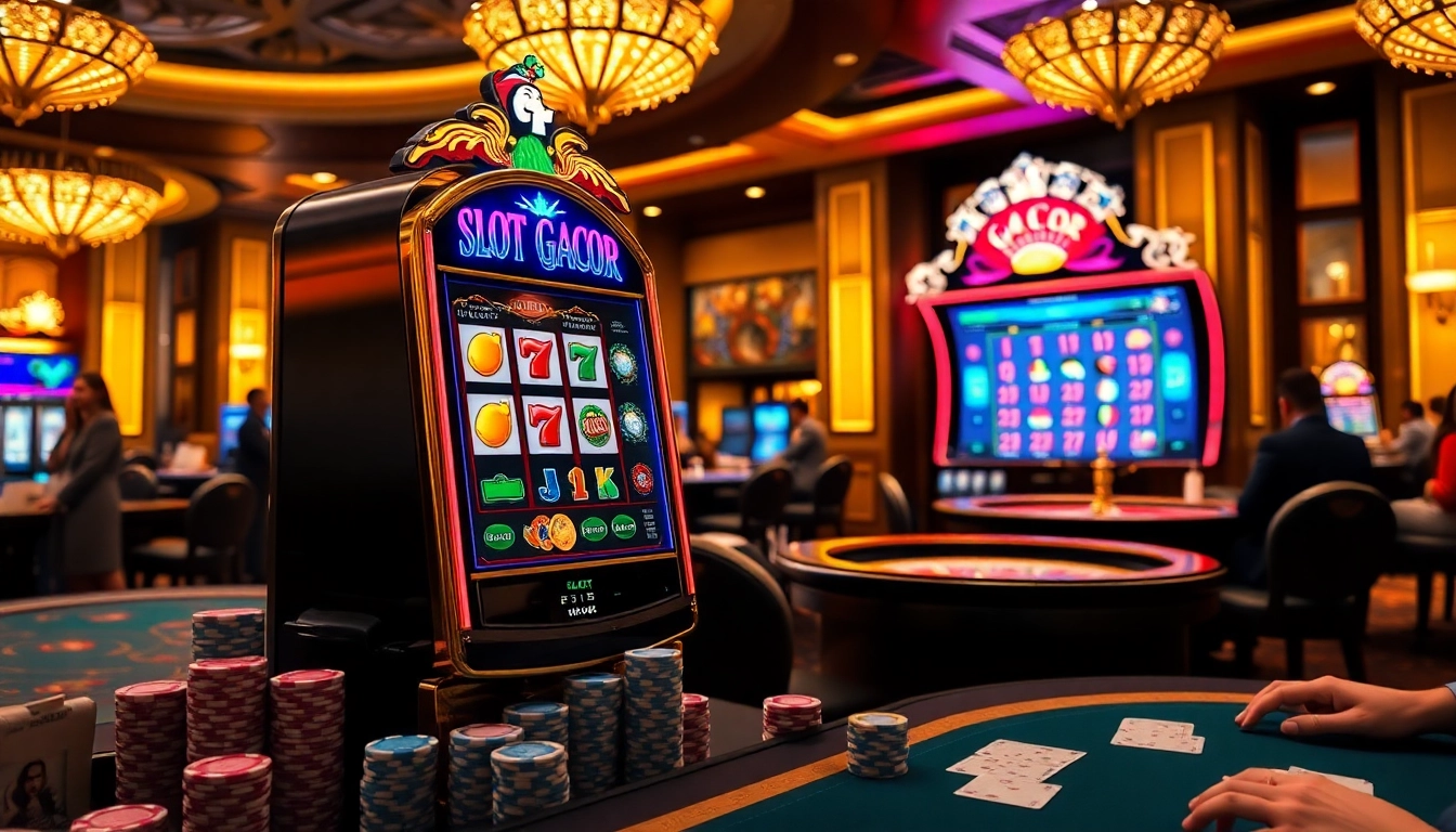 Experience the thrill of slot gacor with vibrant slot machines and poker tables in a luxurious casino setting.