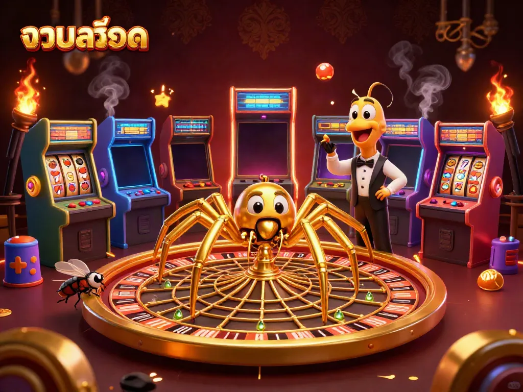 Engage in thrilling รวมสล็อต gameplay with a 3D cartoon spider spinning a roulette wheel, vibrant and dynamic!