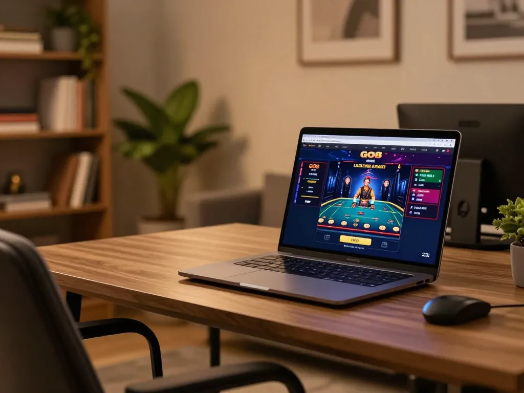 Experience GO8's immersive online casino gaming with a setup featuring live dealer games on a sleek laptop.