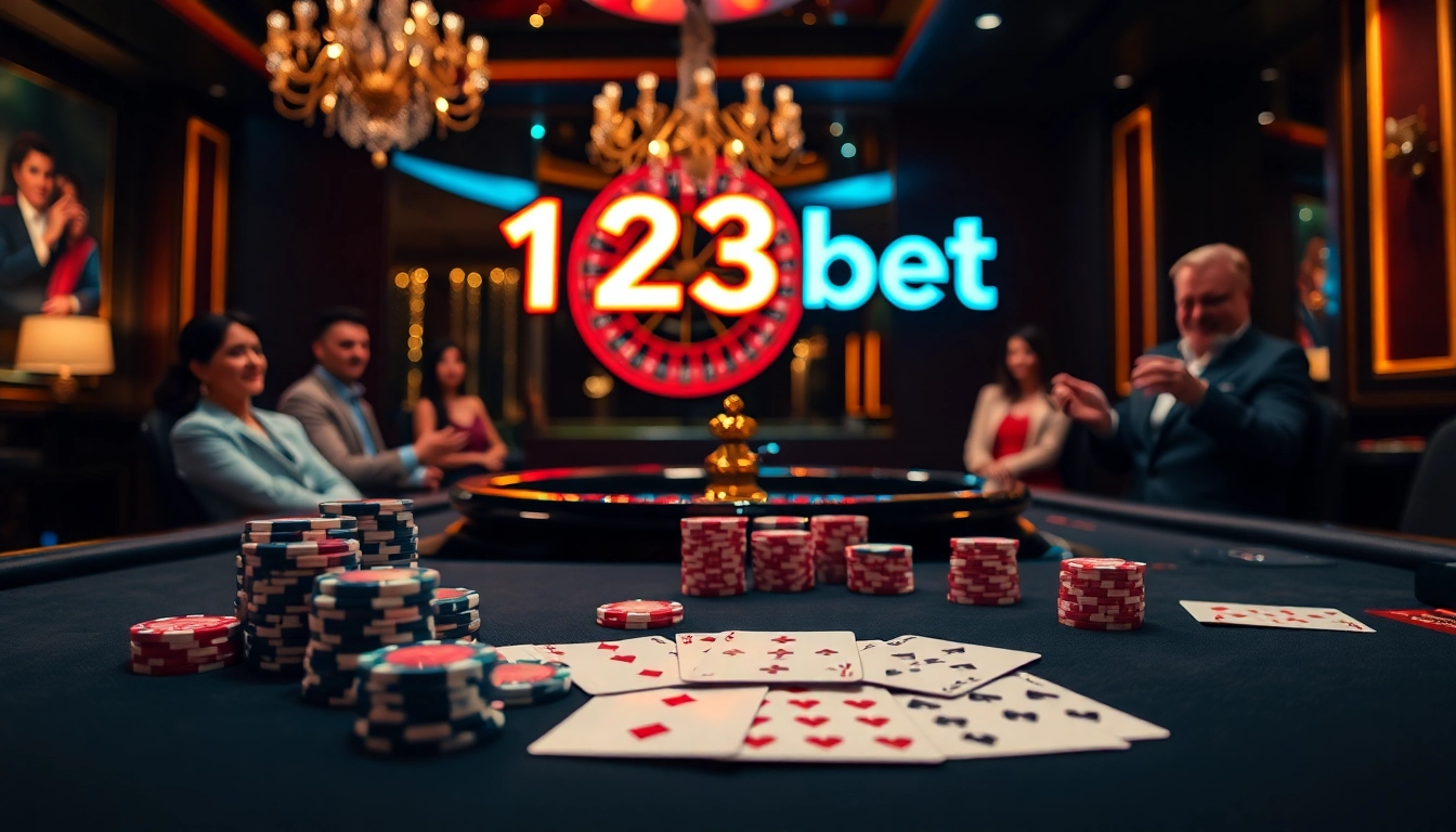 Players engaging in high-stakes games at 123bet casino, showcasing excitement and luxury.